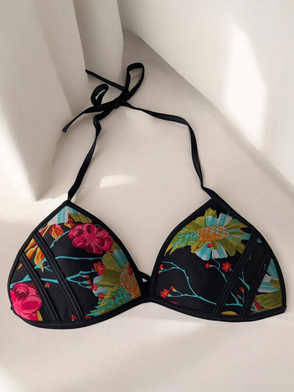 Black Floral Triangle Bikini Top with Pink & Yellow Accents